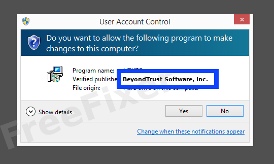 Screenshot where BeyondTrust Software, Inc. appears as the verified publisher in the UAC dialog